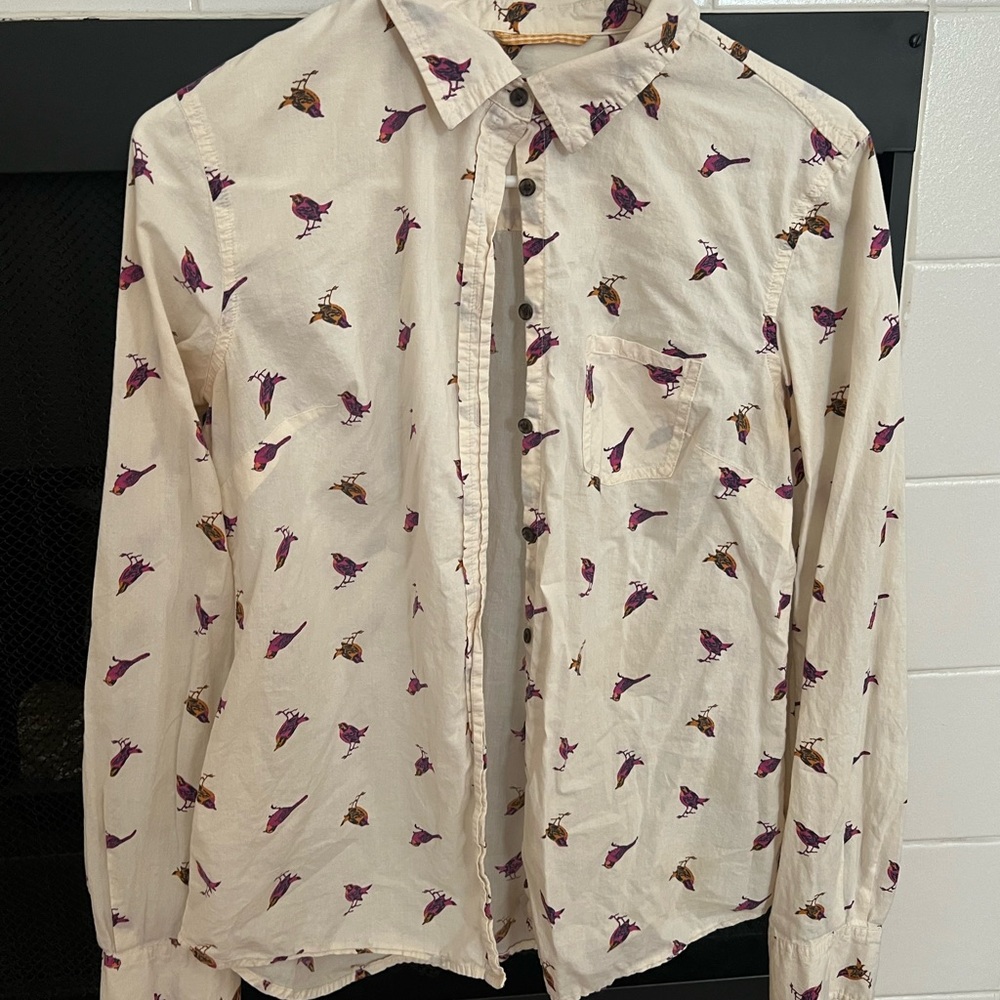 Women’s Cream Shirt with Purple and Brown Bird Print